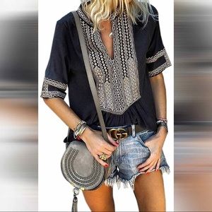 Loose fit black boho embroidered tunic